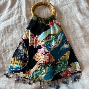 Vintage Tropical Bamboo Handle Beaded Hem Handbag - Sachi New York